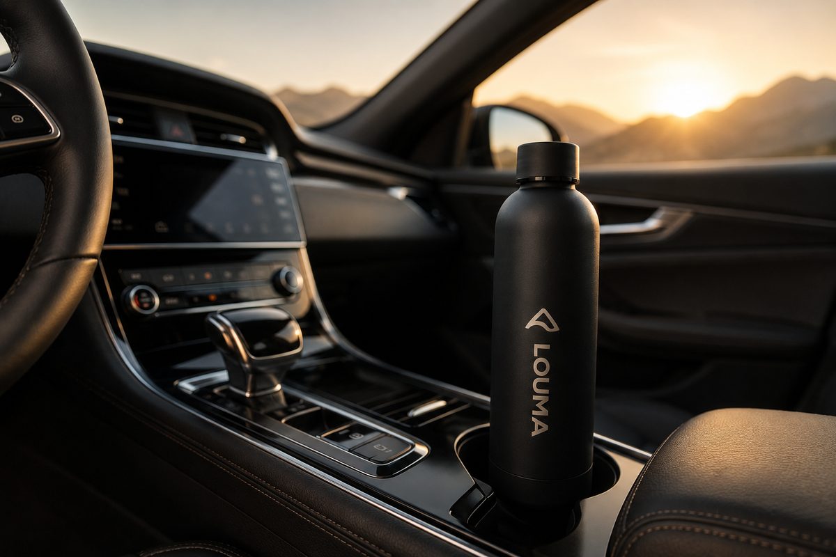 Gourde Louma L'Épure dans le porte-gobelet d'une voiture au coucher du soleil.